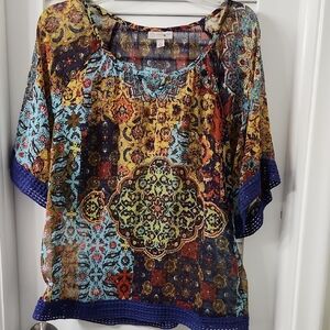 CB casual Multicolor Medallion Print Tunic with Navy Crochet Trim